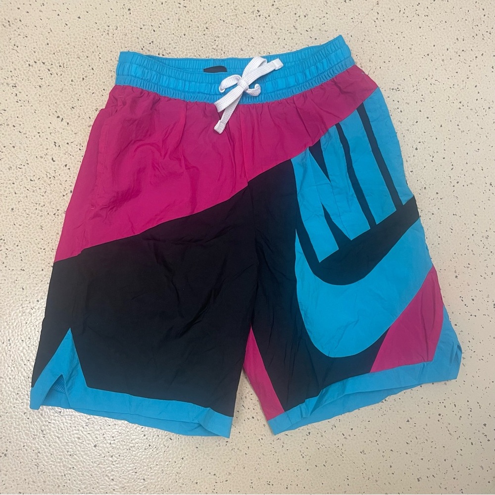 Nike Retro 80’s Pink Blue Mesh Lined Swim Trunks Shorts Swoosh Medium